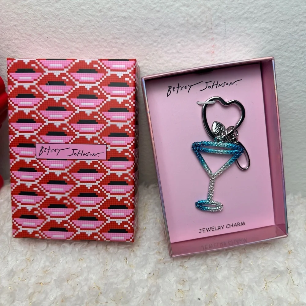 Betsey Johnson Blue Ombre Crystal Martini Glass‎ Jewelry Charm Keychain NIB